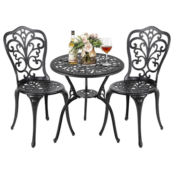 3 Piece Outdoor Bistro Table Set, All Weather Cast Aluminum Patio Bistro Sets Patio Table and Chairs Set of 2 with Umbrella Hole for Yard, Garden, Balcony, Black No cushion Butterfly Backrest
