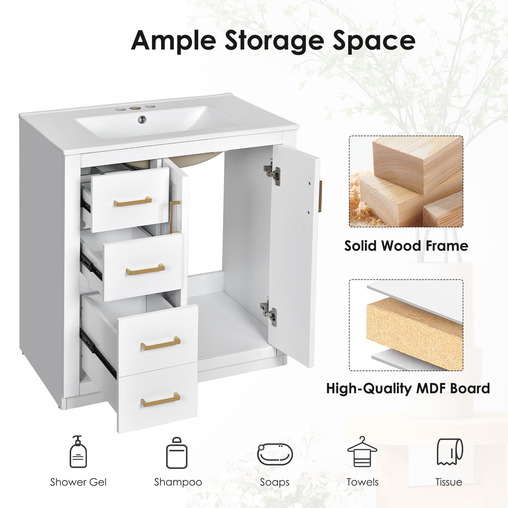 SogesPower 30" Bathroom Vanity with Ceramic Sink, Solid Wood Bathroom Makeup Cabinet with One Cabinet and 3 Drawers, FreeStanding Single Basin Vanity Set for Bathroom, White