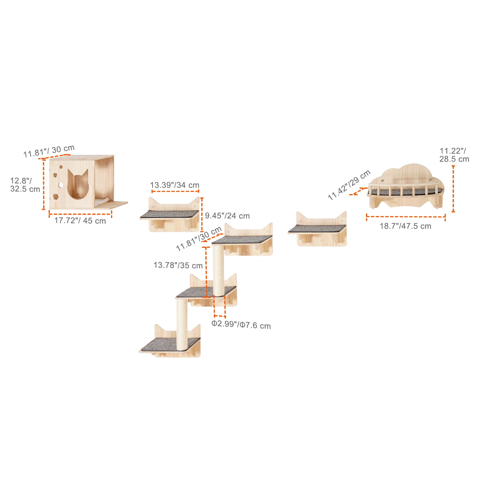 KFFKFF Set of 5 Cat Wall Mounts, Wall-Attached Cat Perches Up to 40 Lbs, Cat Wall Shelves for Resting, Engaging, Ascending