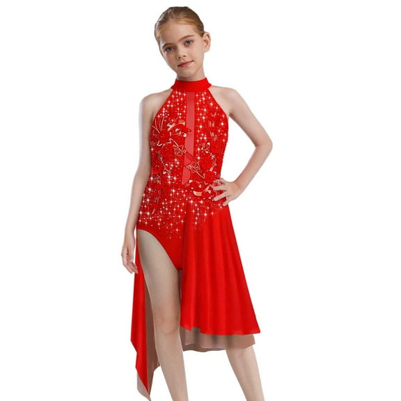 TSSOE Figure Ice Skating Dress for Kids Girls Gymnastic Ballet Skirted Leotard Modern Lyrical Performance Clothes Red 8