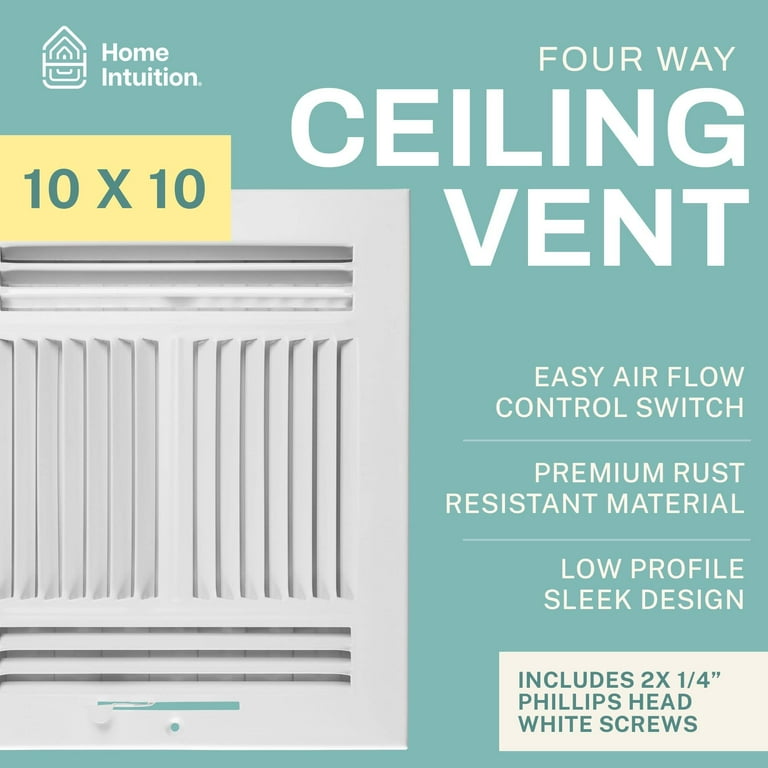 Home Intuition Ceiling Register - Air Vent Covers for Home Ceiling or Wall  - 10X10 Inch (Duct Opening) 4-Way White Grille Register Cover with  Adjustable Damper for HVAC Heat and Cold Air