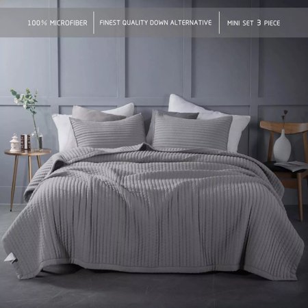 Brooklyn Loom Gray 3 Piece Coverlet Set Ribbed Comforter Blanket Queen Size NEW