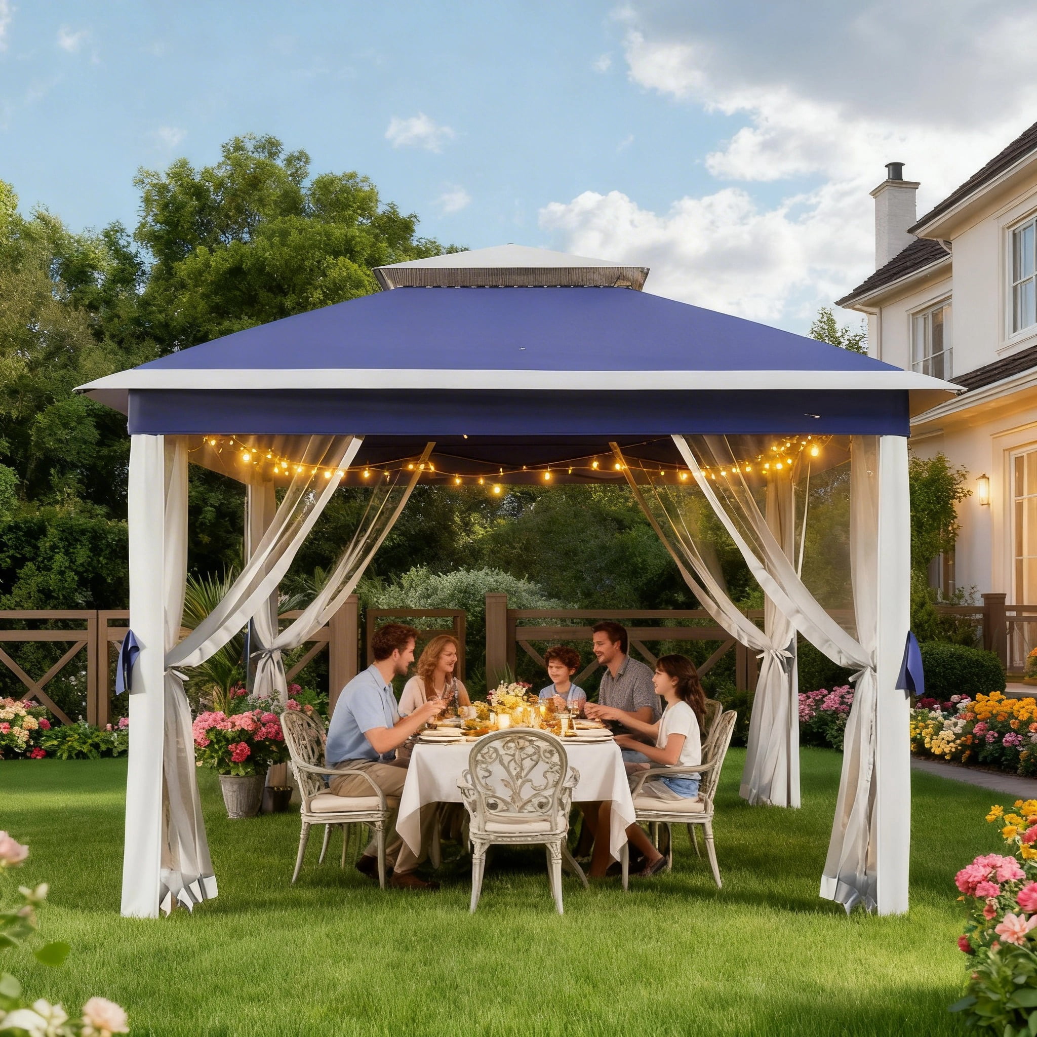 Riedhoff 10.82 x 10.82' Pop up Gazebo, Canopy Shelter with Mesh Netting, 4 Stanbags, Blue