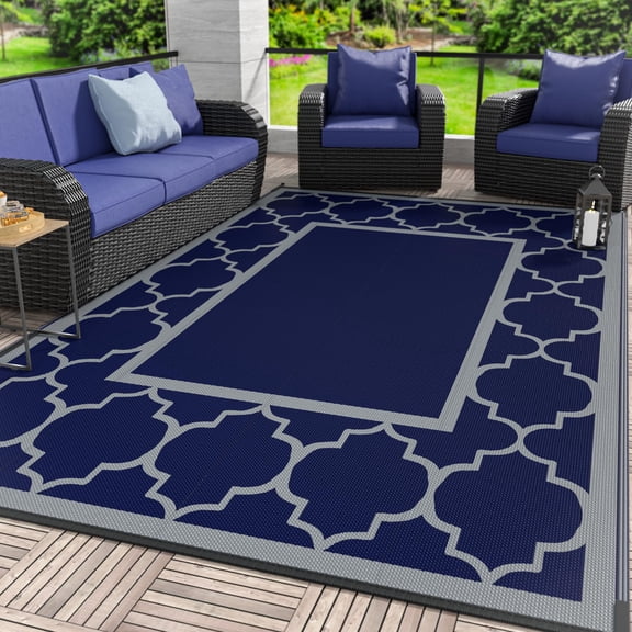 Outdoor Rug, Waterproof Plastic Rugs for Patio, 5'x8' Blue White | Outside Larger Modern Carpet Mat for Porch Decor, Deck, Balcony, Camping, RV, Backyard, Picnic, Beach, Reversible, Foldable