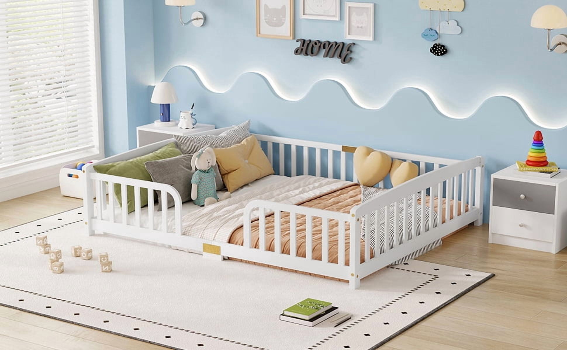 Mintazer Montessori Queen Size Floor Bed with Fence & Guardrail for Kids Children Toddlers, White