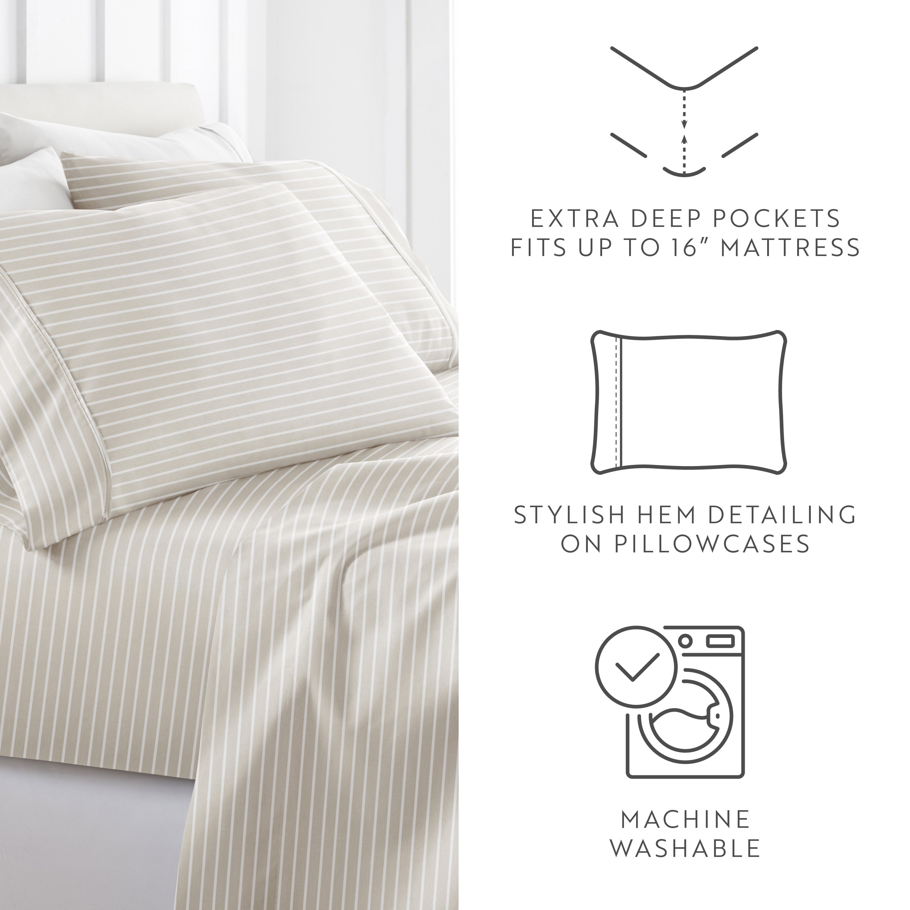 Noble Linens 4 Piece Pattern Modern Coastal Bed Sheet Sets, Soft Lines Natural, Queen