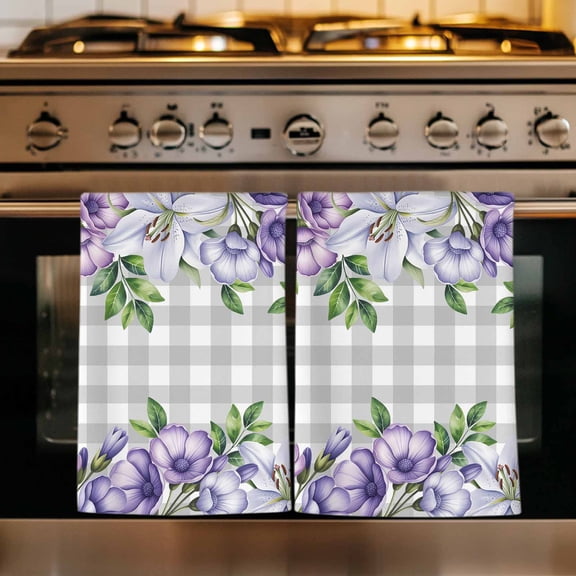 Purple Flowers Kitchen Towels Set of 3, Spring Floral Leaves Plants Gray Plaid Absorbent Dish Towels for Kitchen, Microfiber Hand Towel, Quick Drying Tea Towel for Cleaning Decorative Dishcloths
