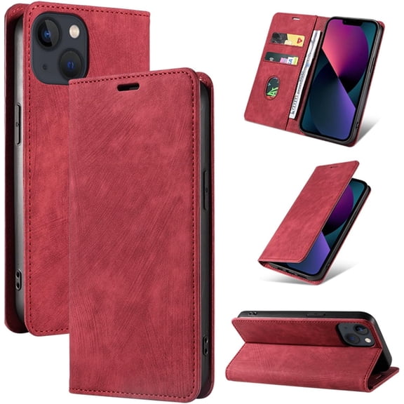Vintage Wallet Stand Phone Case for iPhone X XS XR SE 8 7 6 6S Plus Max, Magnetic Closure Card Holder Back Cover, Business Skin-Friendly Protective Shell(Red,7/8)