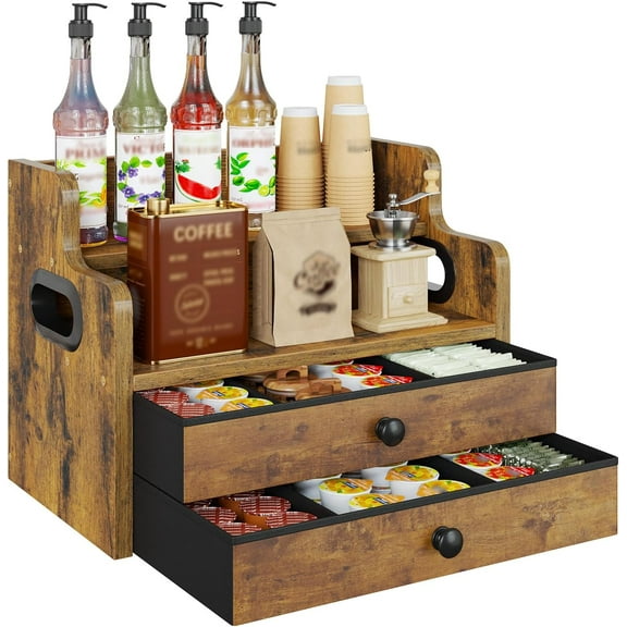 Wood Coffee Syrup Rack Organizer, 4 Tier Coffee Station Organizer with Drawers, Liquor Bottle Display Shelf for Coffee Bar Countertop