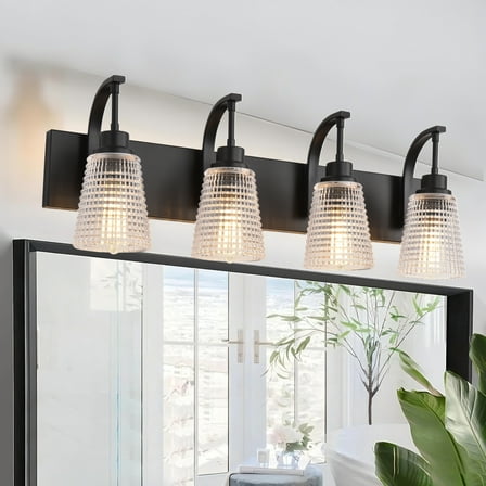 4-Light Matte Black Vanity Light, Modern Farmhouse Bathroom Light Fixture with Clear Rippled Glass Shades for Mirror, 28.74 Inch