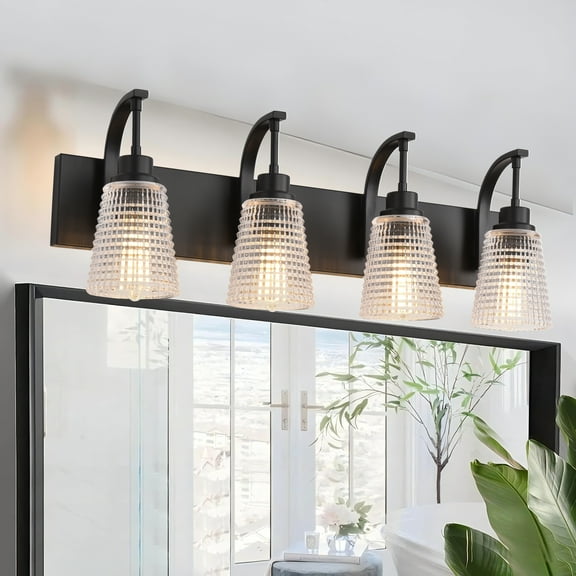 4-Light Matte Black Vanity Light, Modern Farmhouse Bathroom Light Fixture with Clear Rippled Glass Shades for Mirror, 28.74 Inch
