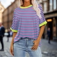 thumbnail image 2 of Tfken Summer Women Tshirts Crew Neck Half Sleeve Stripe Tops Trendy Daily Wear Female Soft Shirts Pink, 2 of 6