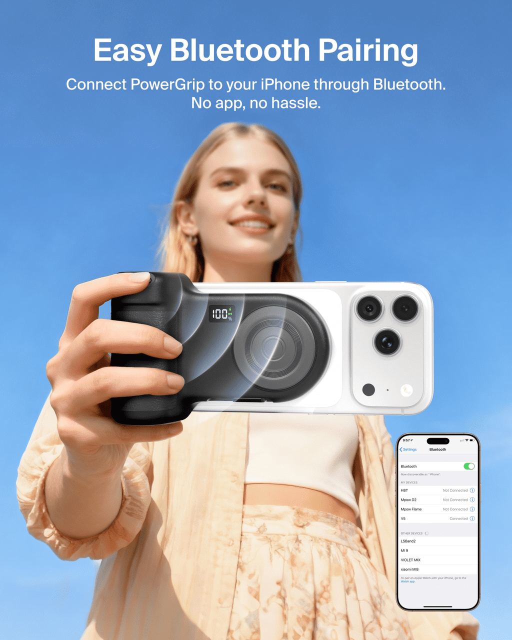 Belkin Magnetic Wireless Charging Camera Grip 9300mAh, Power Bank w/ Retractable USB C Cable, Bluetooth Connection, Tripod Attachment, LCD Screen, Ergonomic, Portable Charger for iPhone & Smartphones