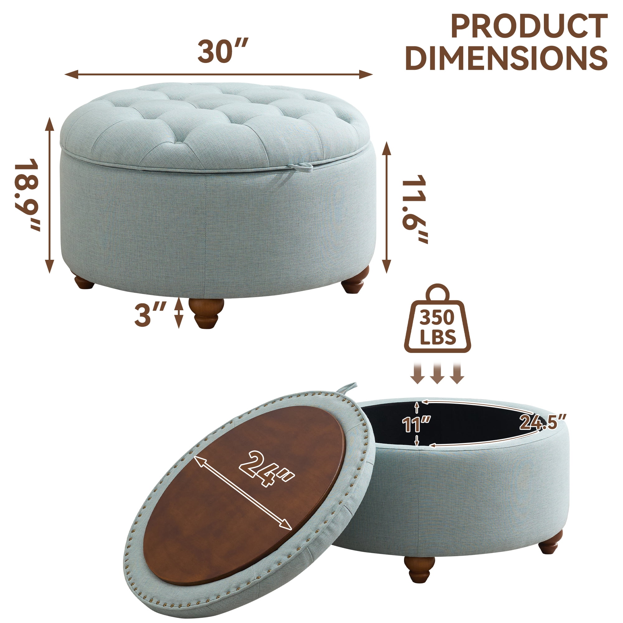 30Inch Round Storage Ottoman with Tray, Modern Tufted Fabric Circle Coffee Table with Storage, Upholstered Ottoman with Removable Top for Living Room, Bedroom, Blue