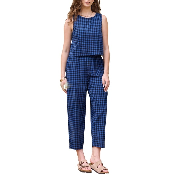 INSPIRE CHIC Gingham Pants Set for Women's 2 Piece Outfits Sleeveless Crop Top and Lounge Wide Leg Pants M Dark Blue
