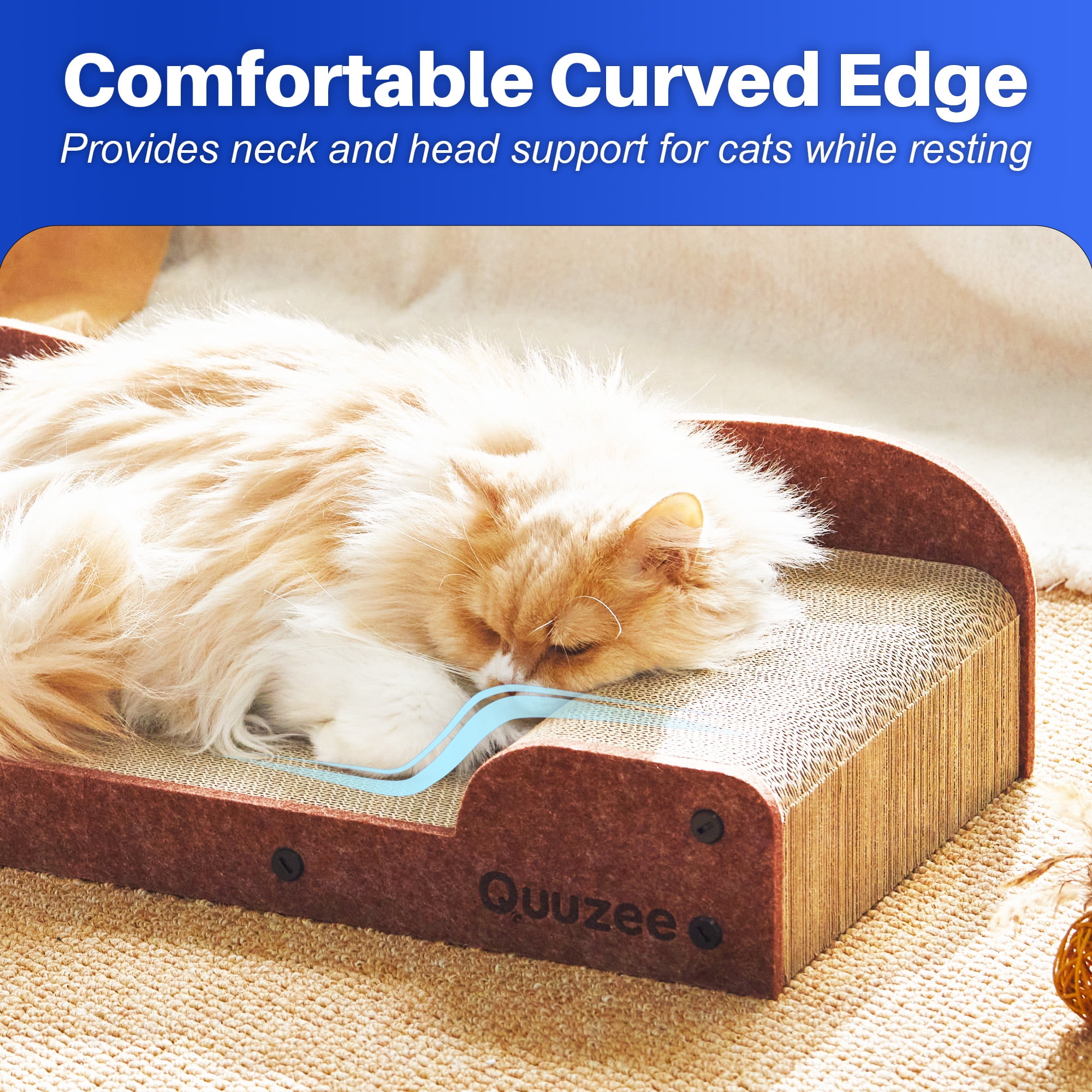 Quuzee 26-Inch Large Cat Scratcher Lounger Bed, Durable Cat Scratching Pad, Cat Scratch Board for Indoor Cats, Corrugated Cardboard Cat Scratcher Bed to Lounge and Scratch, Furniture Protector, Brown