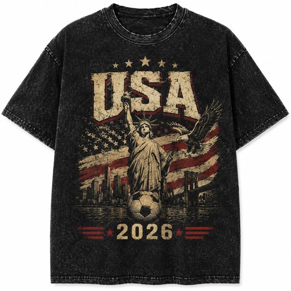 USA 2026 Patriotic Mineral Wash Graphic T-Shirt, Unisex Classic Fit Heavyweight Cotton Tee, Black or Beige, S-5XL