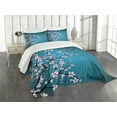 thumbnail image 3 of Ambesonne Japanese Quilted Bedspread Set 3 Pcs, Sakura Bloom Pattern, King Size, Petrol Blue Pale Pink, 3 of 5