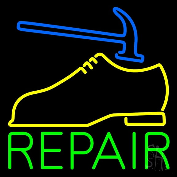Yellow Shoe Green Repair LED Neon Sign 24 x 24 - inches, Black Square Cut Acrylic Backing, with Dimmer - Bright and Premium built indoor LED Neon Sign for store interior Décor, Storefront.