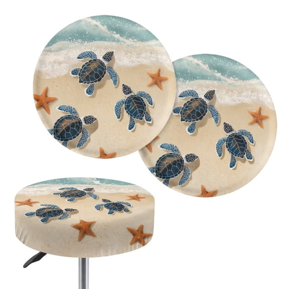 COEQINE Stool Covers Elastic Round Bar Stool Cushion Padded Cover 12"-14" Breathable Saddle Stool Cover for Home Bar Coastal Decor, 2 Count, Beach Sea Turtle Starfish