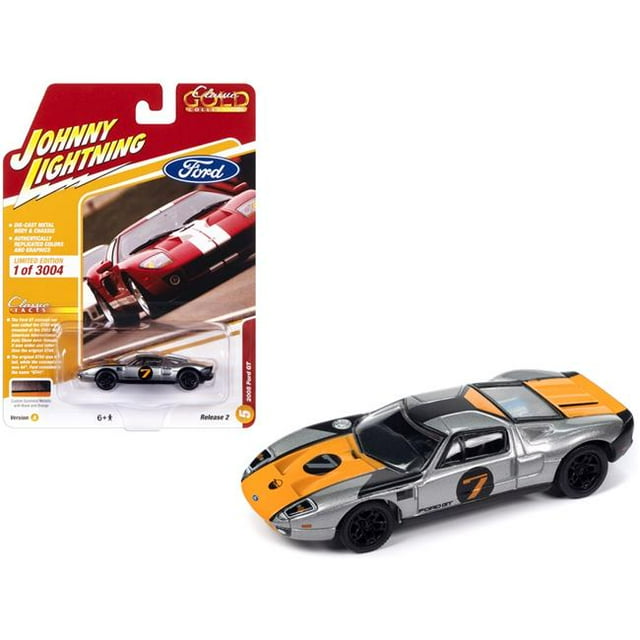 Johnny Lightning JLCG032-JLSP357A 2005 Ford GT No. 7 Gunmetal Métallique avec Rayures Or Classique 2023 Édition 2 Sortie à 3004 Pcs Modèle Réduit Échelle 1-64, Gris, Orange & Bla