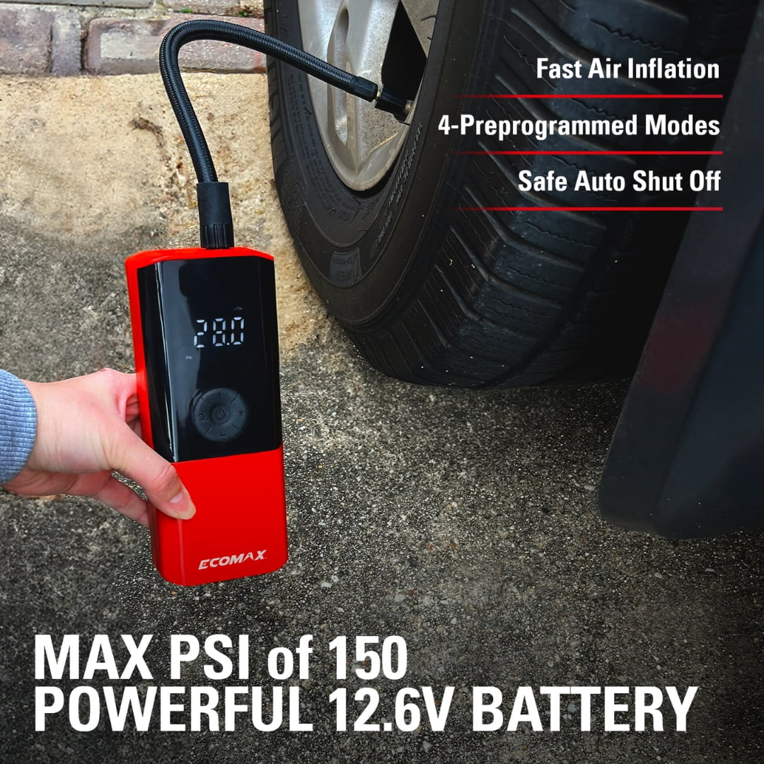 Ecomax EM1215-003 Cordless Digital Tire Inflator 12.6 Volt – Portable Air Pump, 4500mAh Battery, 150 PSI, Auto-Shutoff