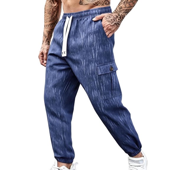 JUUYY Men's Multi-Pocket Cargo Pants Loose Fit Elastic Waist Drawstring Jogger Pants Outdoor Hiking Travel Casual Long Trousers Blue M
