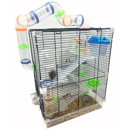 LARGE 5-Tiers Hamster Mansion Mouse Habitat Gerbil Home Cage with Complete Set of Water Bottle, Food Bowl, Running Wheel, Hide House and Crossing Level Play Tubes