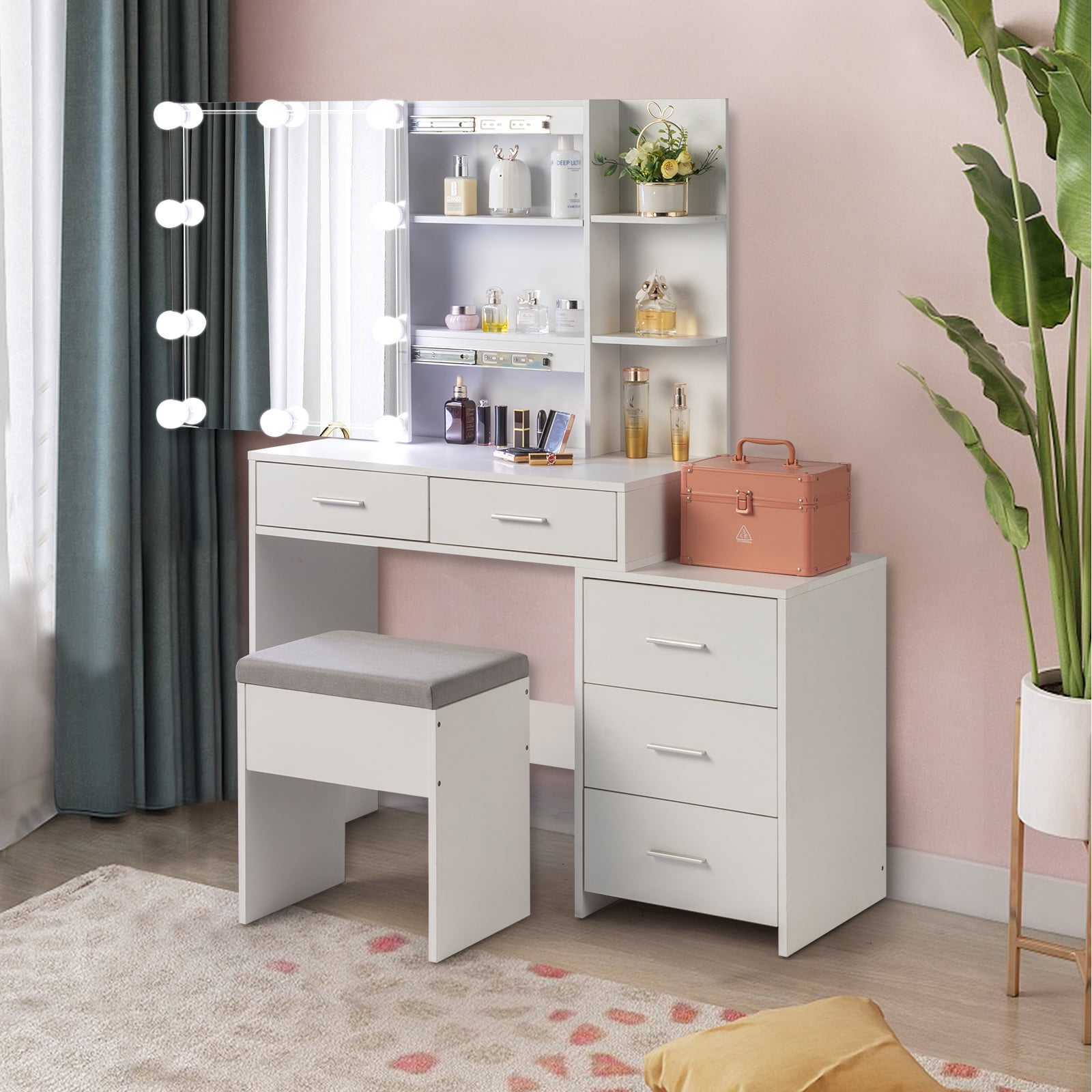 5 Pumps 2 Shelves Mirror Cabinet Three Dimming Light Bulb Dressing Table Set, White