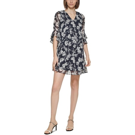 Calvin Klein Womens Floral Print V-Neck Mini Dress