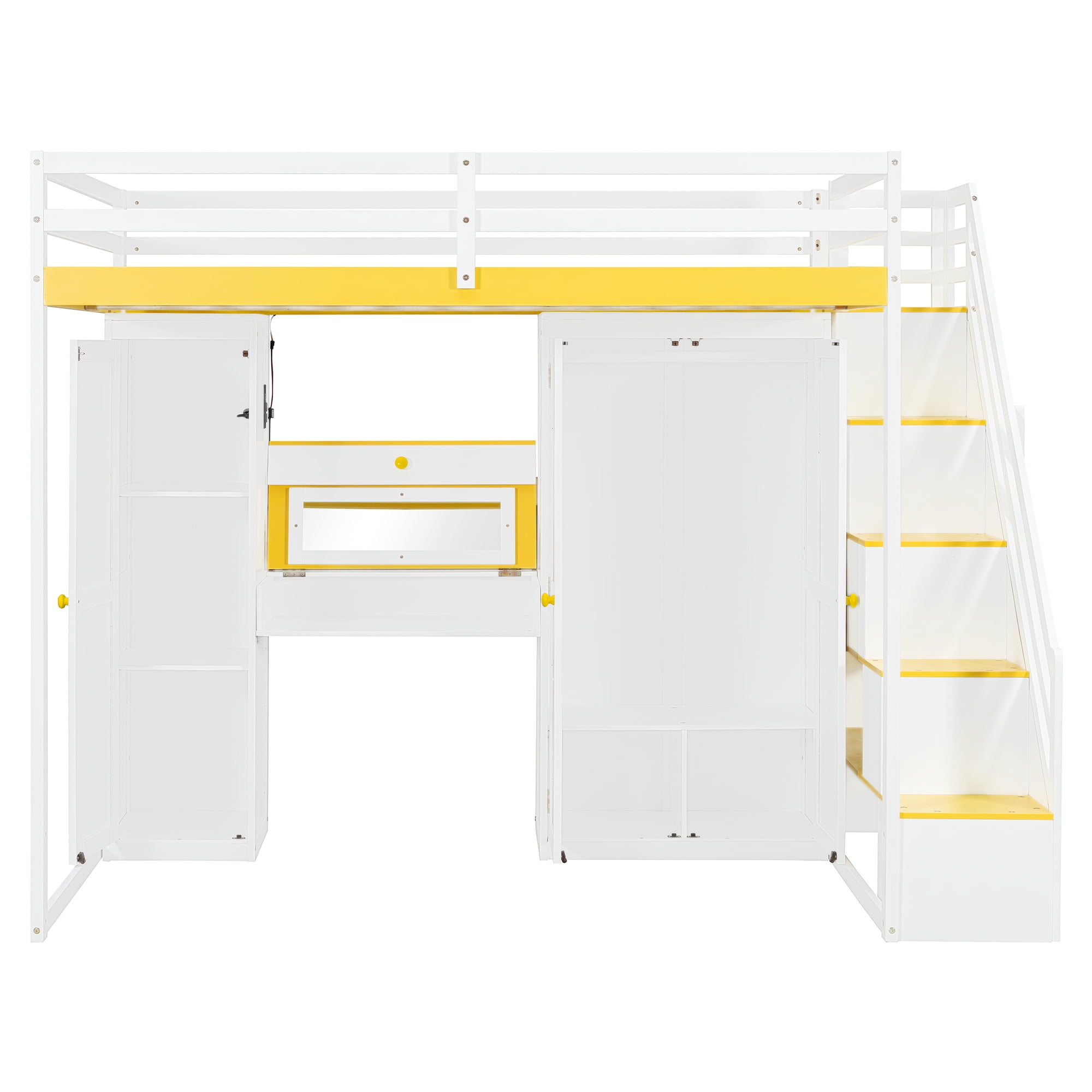 Mintazer Full Size Princess Loft Bed Built-in Dressing Table with Vanity Mirror, Wardrobe, Storage Staircase, Drawer, LED Lights & Charging Station for Girls, White & Yellow