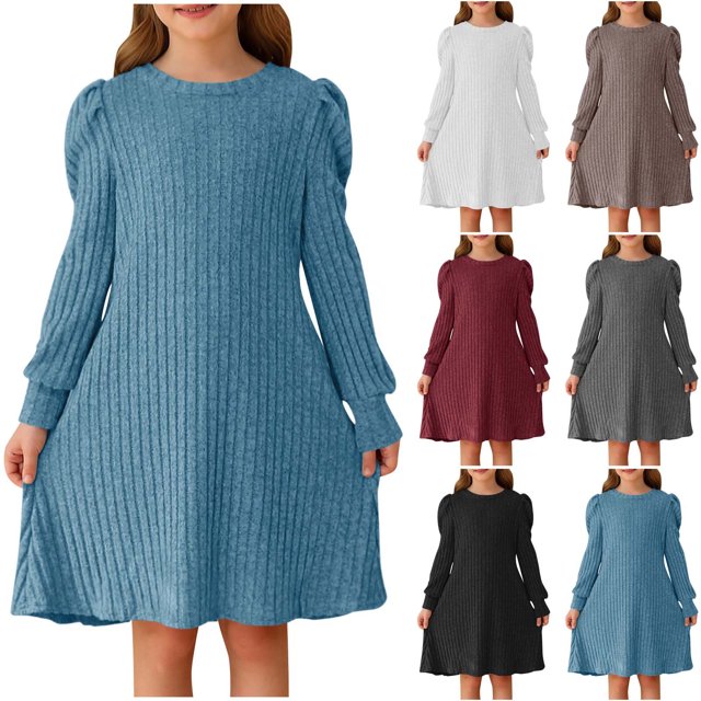 Économies d'Été Liquidation 2025 Bovxnpu Robes d'Été pour Filles, Robes Décontractées pour Filles Robe Midi Robe Fluide, Robe Princesse Unie à Manches Longues Col Rond avec Poche 4 Ans