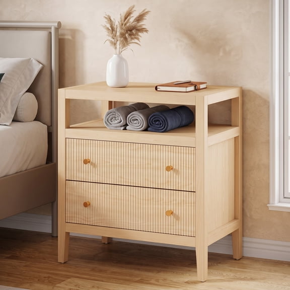 Fnova Modern Nightstand, 2-Drawer Bedside Table with Open Storage Shelf, 29.52" Wide Large Night Stand with Fluted Panel Design, Wood End Table for Bedroom Living Room, Oak