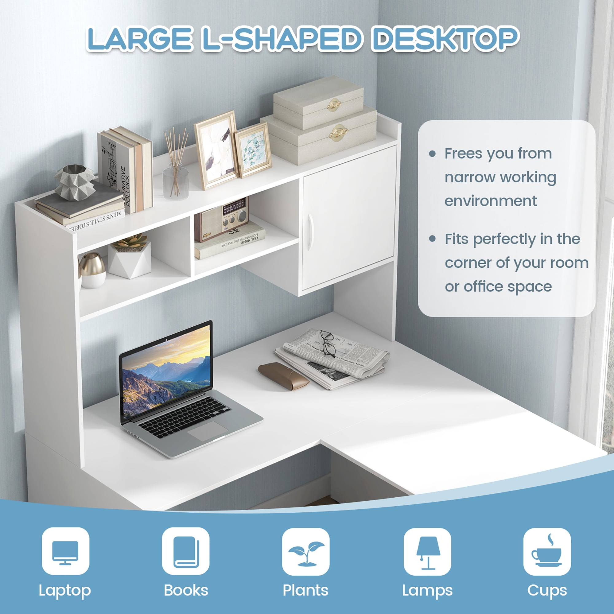 Gymax L-Shaped Desk w/ Open Storage Hutch Corner Computer Desk w/ Shelves & Cabinet