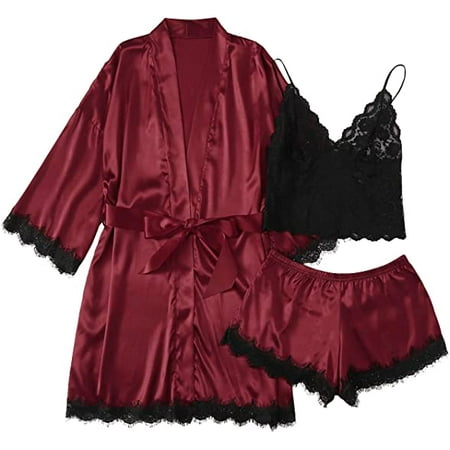 

Women Silk Satin Pajamas Set 3pcs Floral Lace Trim Cami Lingerie Sleepwear with Robe