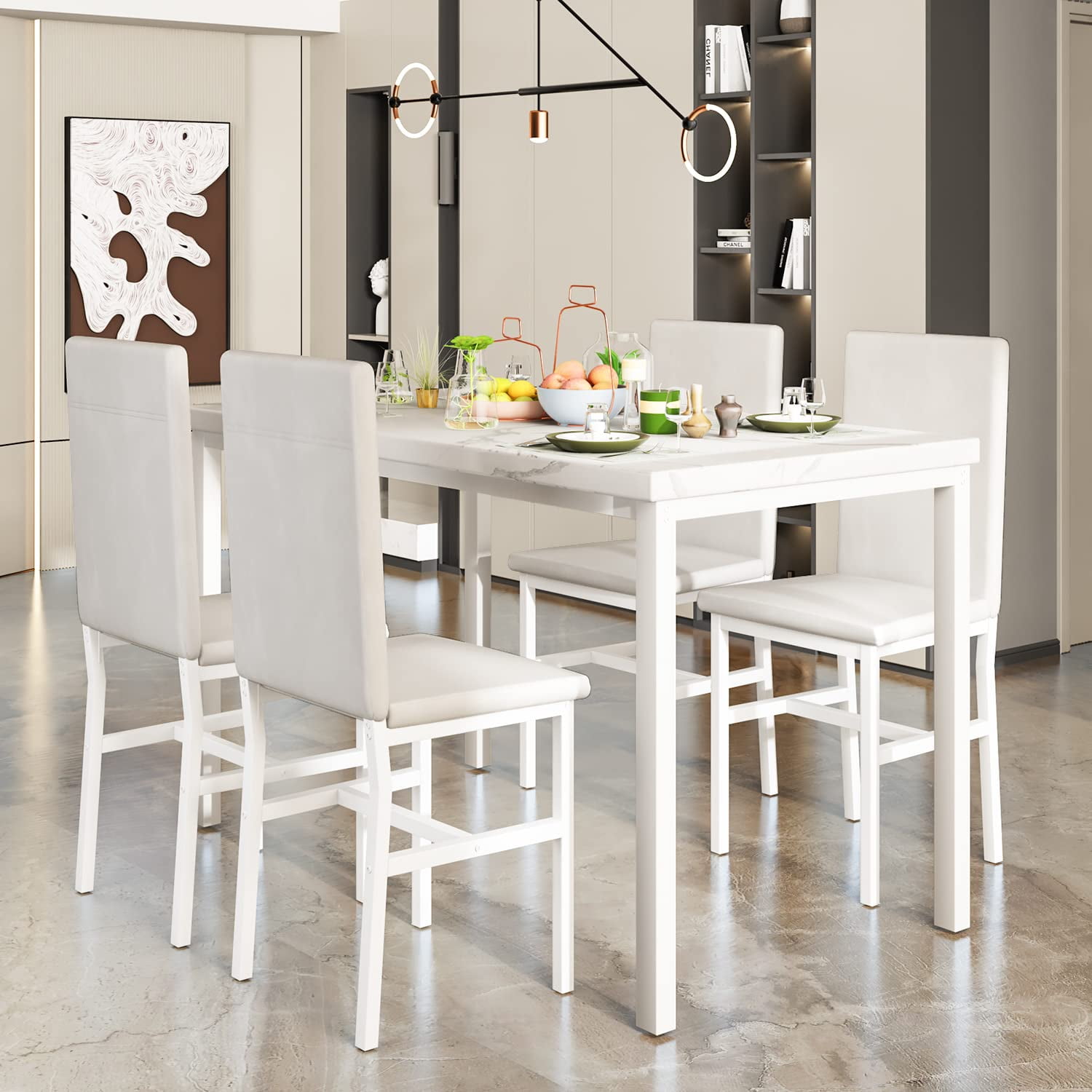 LinkRomat Dining Table Set for 4, Faux Marble Kitchen Table Set with 4 Leather Upholstered Chairs, 5 Piece Modern Dinette for Dining Room