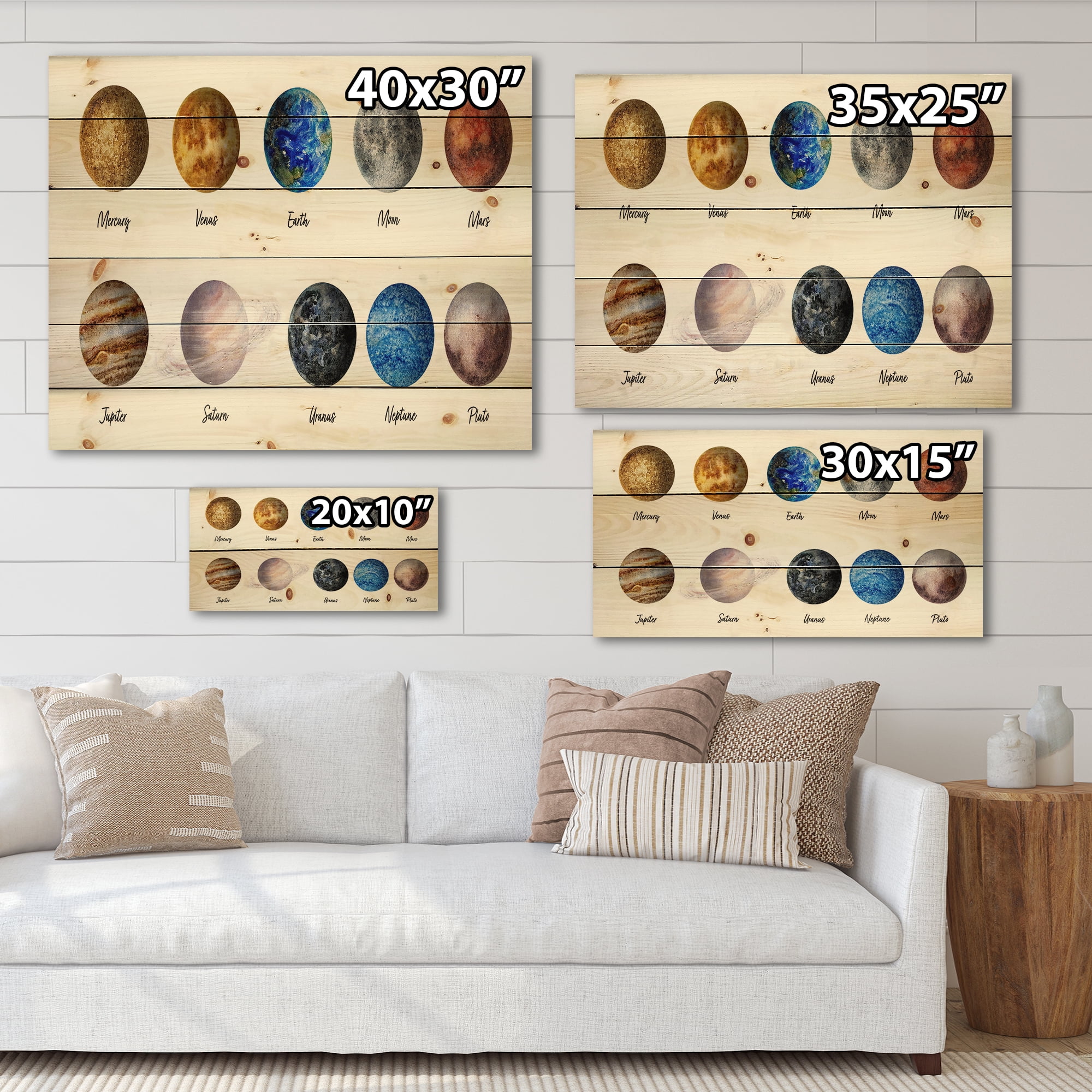 Designart 'All Planets United On White' Modern Print on Natural Pine Wood