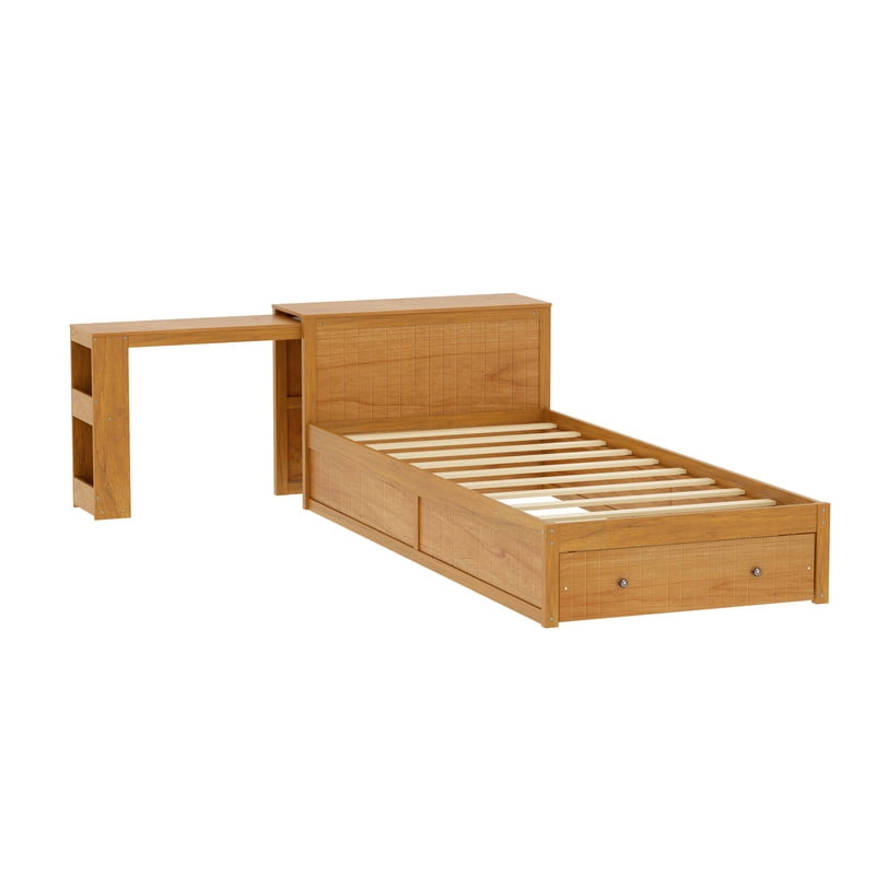 Twin Size Platform Bed with Pull-Out Hidden Desk, Wood Storage Bed Frame with Headboard Shelving & Footboard Drawer