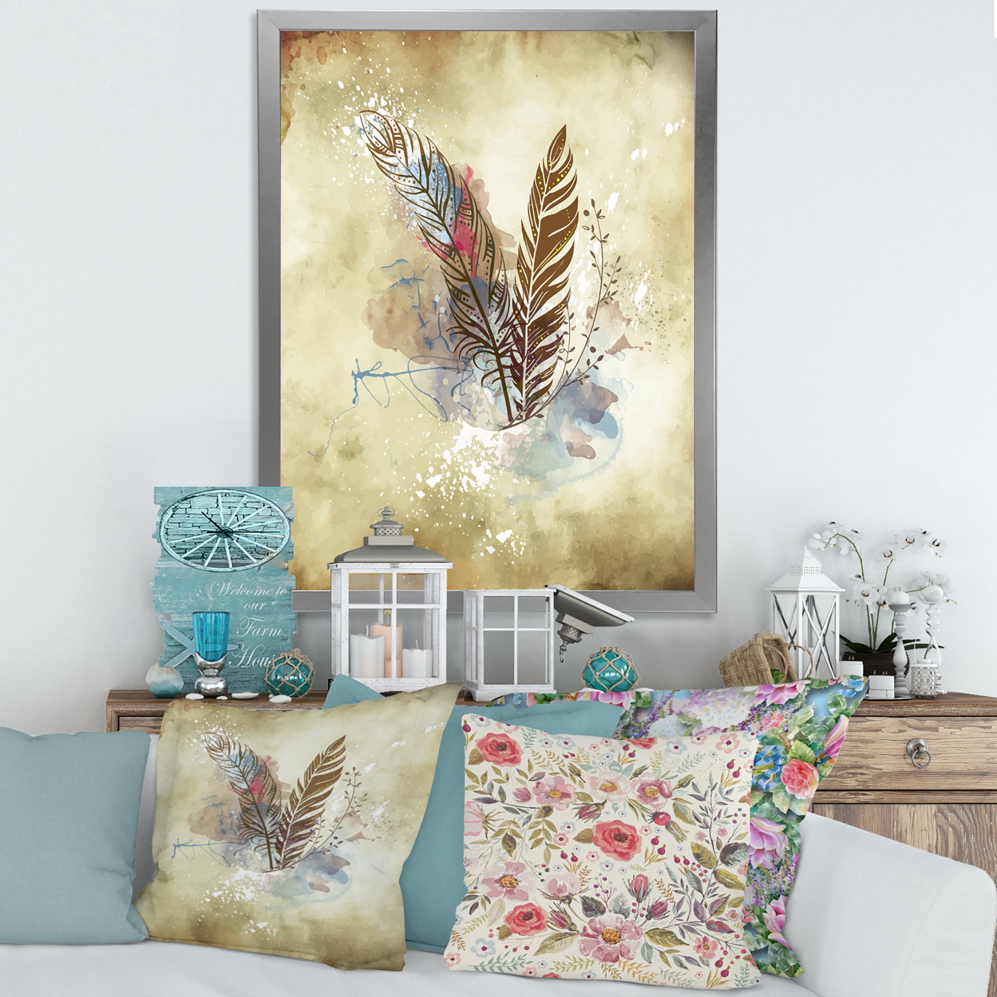 Designart 'Beige Vintage Flowers' Vintage Framed Art Print