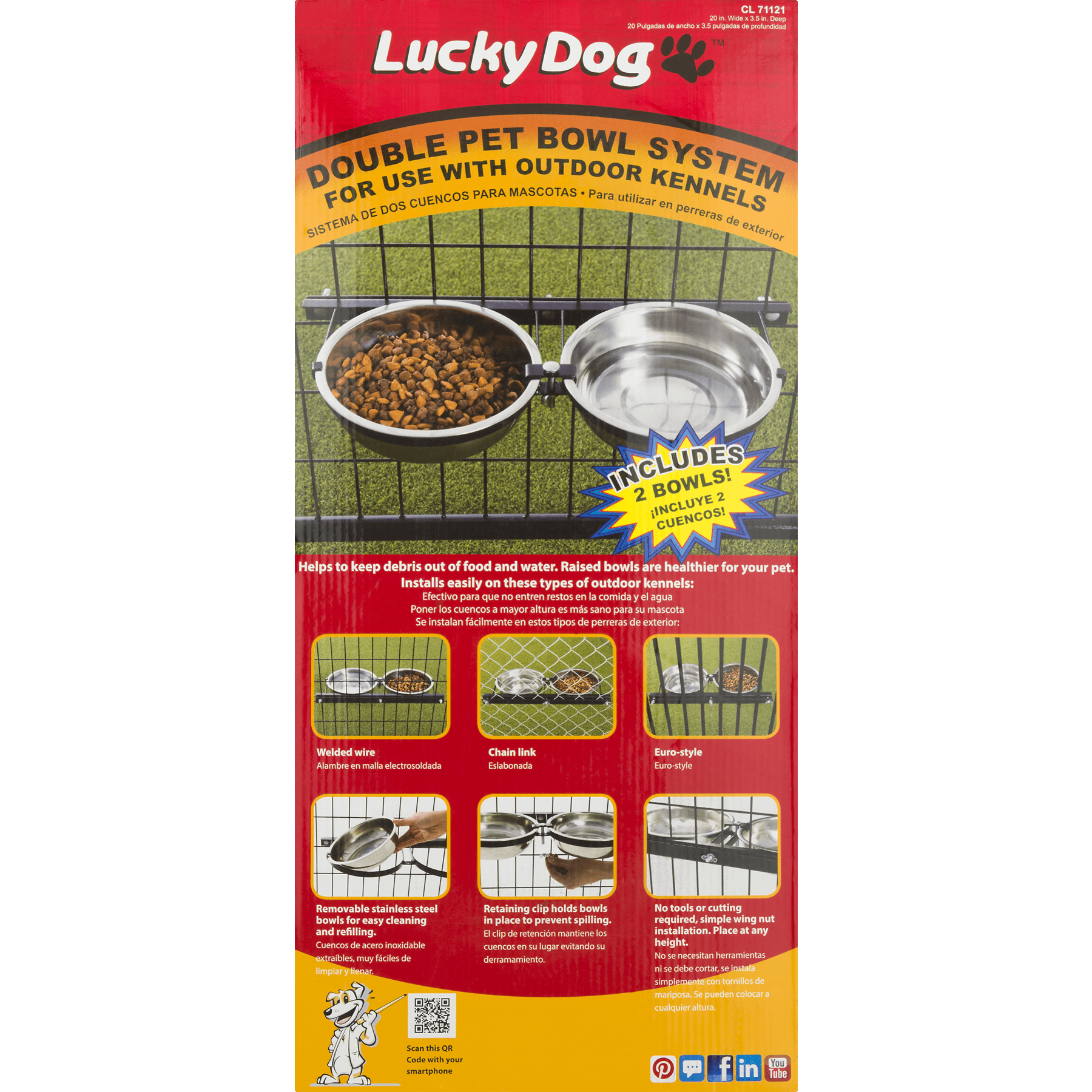 Lucky Dog® Double Fixed Position Food & Water Kennel Dog Bowls