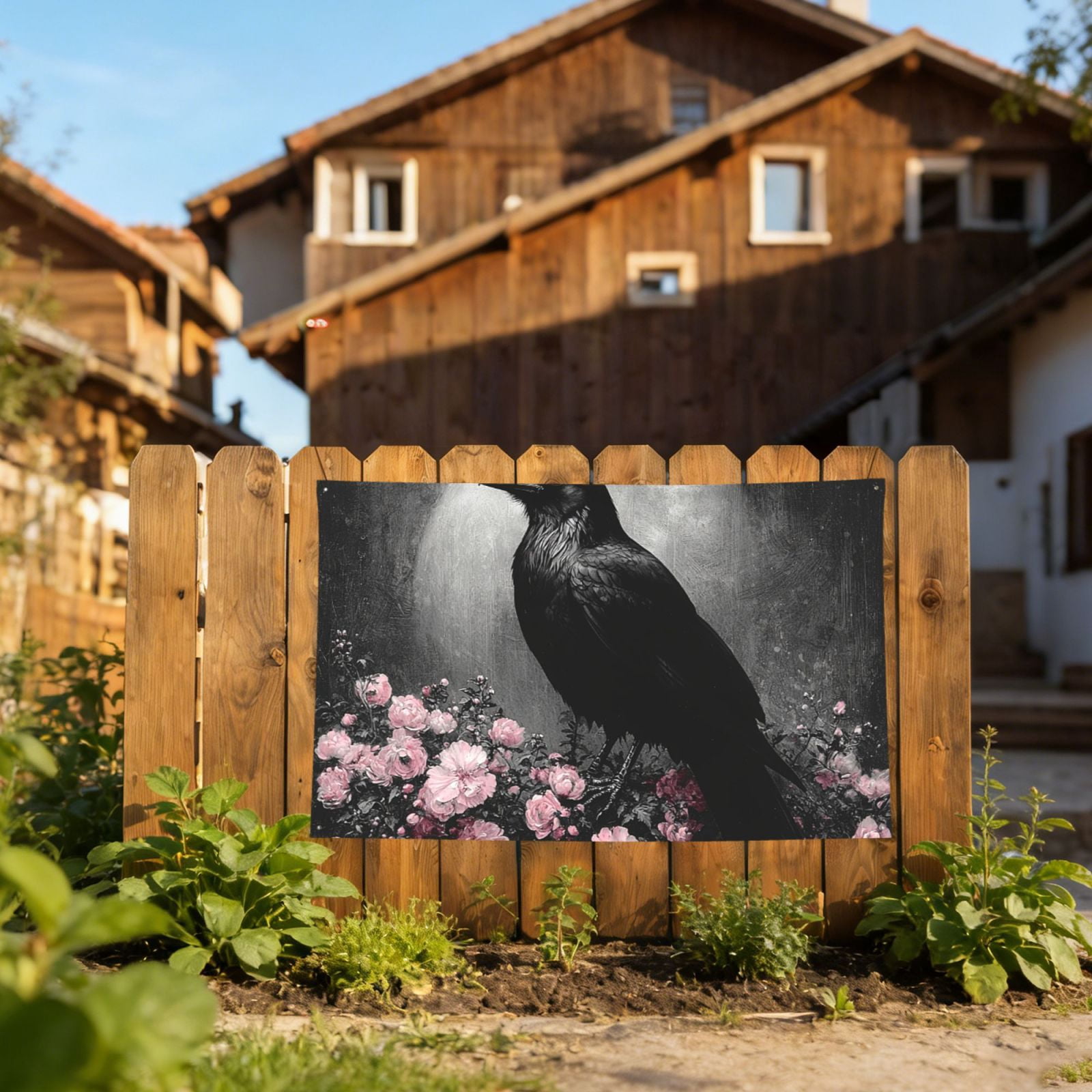 Crow Raven Flowers Full Moon Black Four Hole Decorated Banner Flag for Garden Yard Home Decoration Indoor Outdoor 4x6 Ft