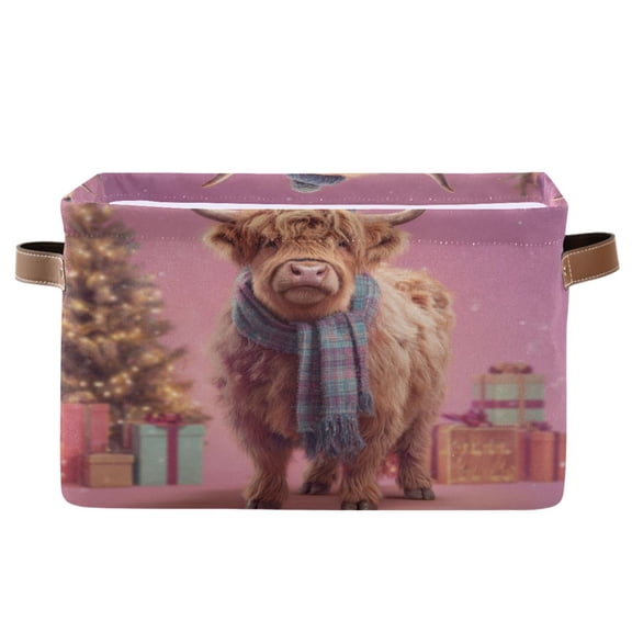 1-Pack Square Closet Organizers with Handles Open Basket Bins Cow Wearing Christmas Storage Basket for Home Office