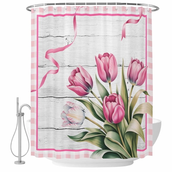 Pink Tulip Shower Curtain Set - Long 72" x 84" Washable Bathtub Curtain with 12 Hooks, Spring Floral Romantic Flowers Modern Art Wooden Waterproof Fabric Shower Curtains for Bathroom/Bathtub Décor