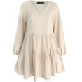thumbnail image 3 of FANCYINN Long Sleeve Shift Tunic Dress Ruffle Swing Babydoll Juniors Mini Tiered Dress with Pockets Beige L, 3 of 5