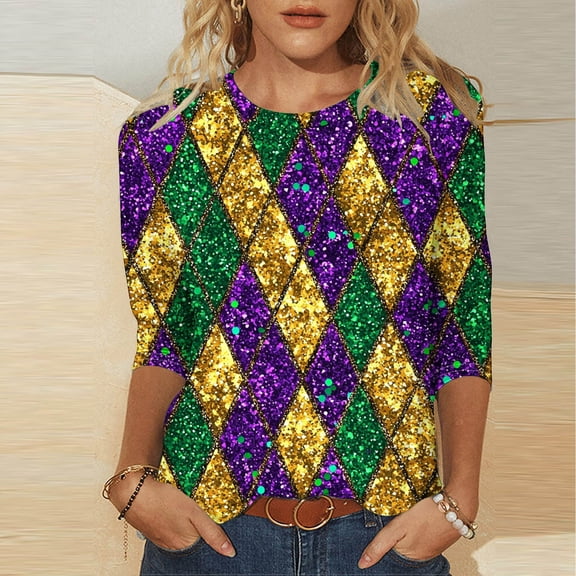 Qulqfy Mardi Gras Outfit for Women Spring Carnival Plus Size 3/4 Sleeve Shirts Party Novelty Crew Neck Fall Tops Womens Blouses L