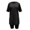 thumbnail image 6 of WAYUTE Short Sets Women 2 Piece Outfits Casual Solid Round Neck Short Sleeve Summer High Slit Top Shirt Shorts Set, 6 of 7