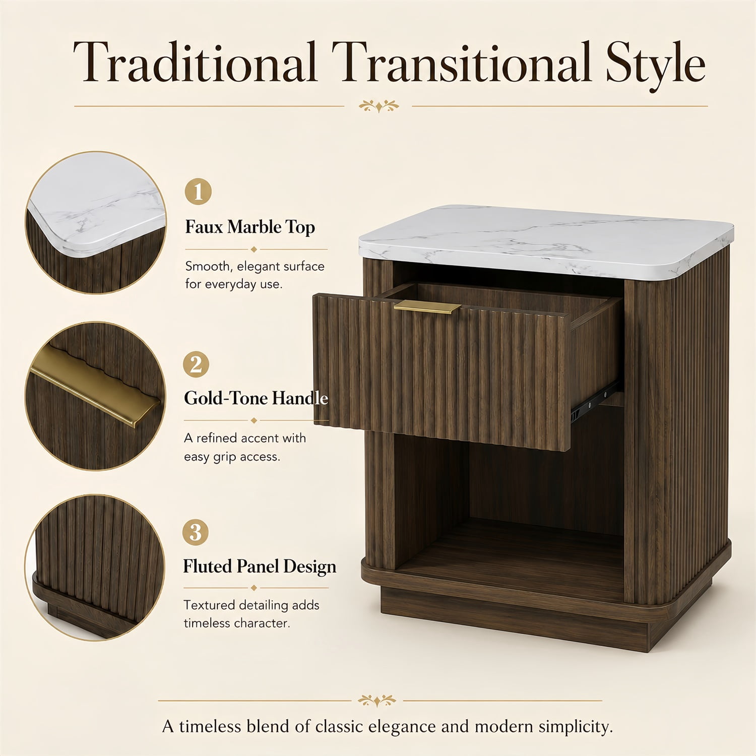 Hommoo Fluted Nightstand with Faux Marble Top, Gold Handle & Open Shelf, Modern Bedside Table for Bedroom, Living Room, Dorm & Guest Room, Walnut
