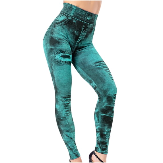 Pxkloy Women Yoga Pants Faux Denim Butt Lifting Leggings High Waist Tummy Control Pants Distressed Ripped Stretchy Skinny Jeggings 2025 Green,XXL
