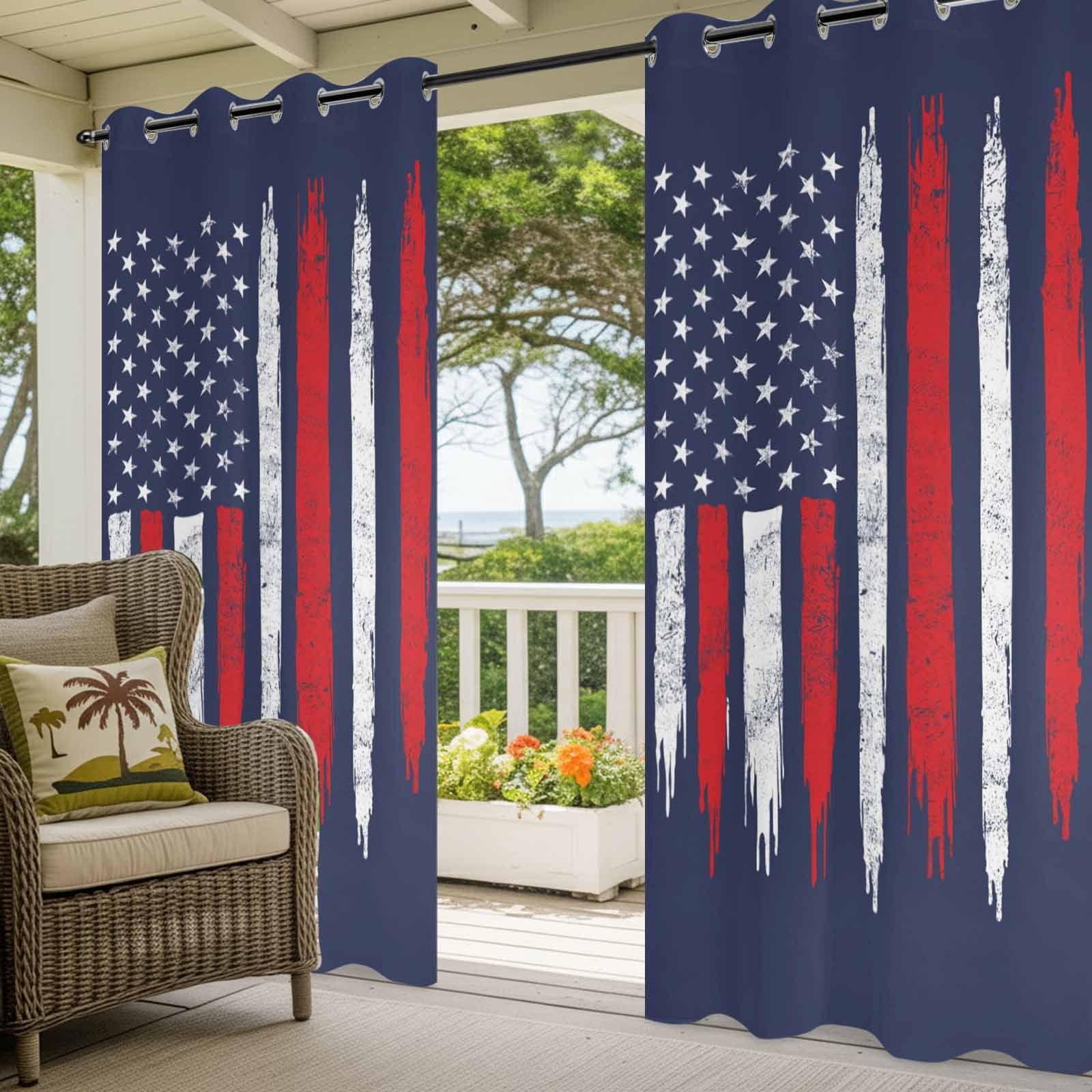 Independence Day Outdoor Curtains for Patio, USA Red White Star Stripes Blue Sunshade Privacy Drapes Grommet Waterproof Outside Curtains for Porch/Cabana/Balcony 54"x 108", 1 Panel