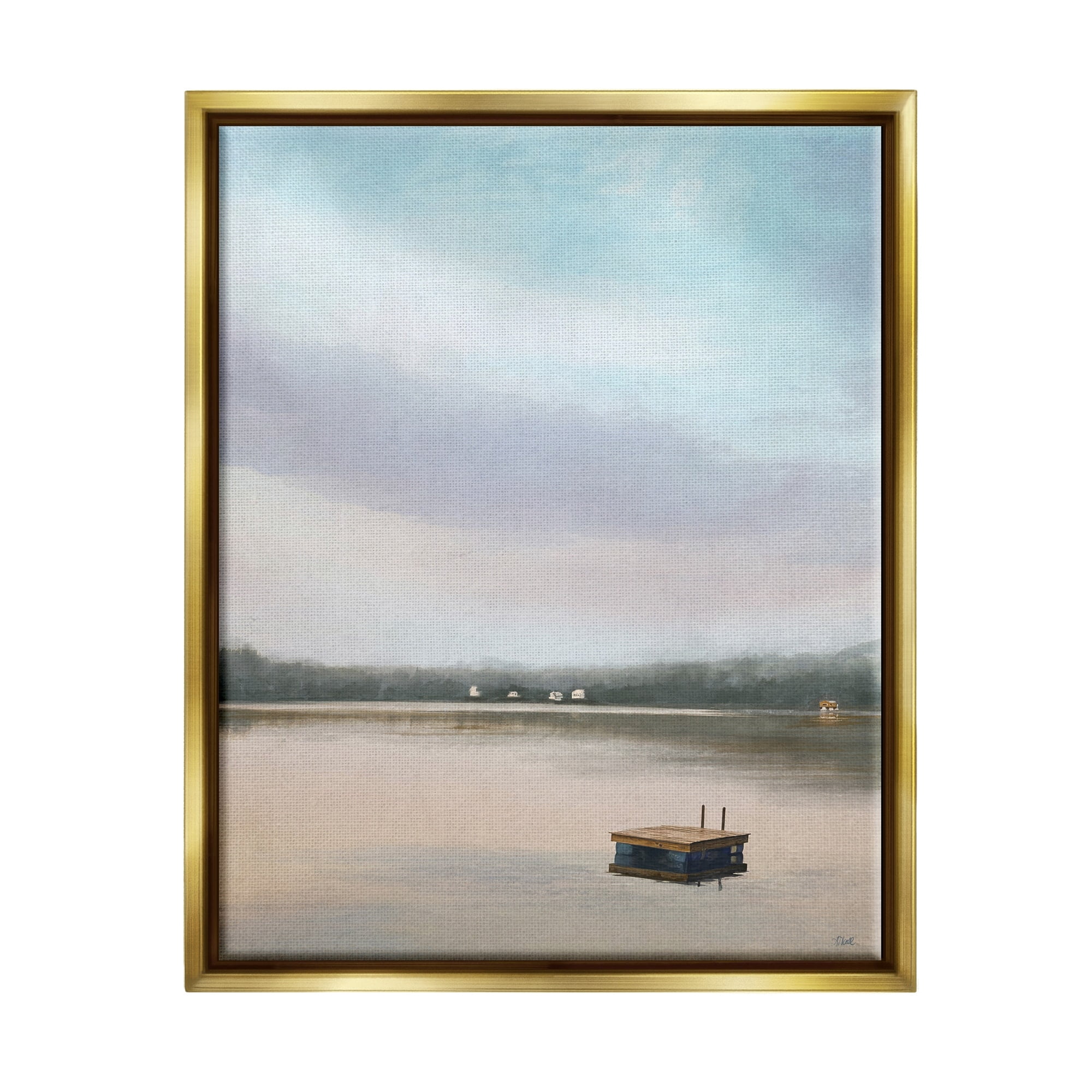 Stupell Industries Lone Floating Dock Serene Lake View Pastel Sky Painting Metallic Gold Floating Framed Canvas Print Wall Art, Design by Amy Hall